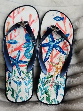 Brighton Women's Navy Starfish Flip Flops - Blue Sea Print